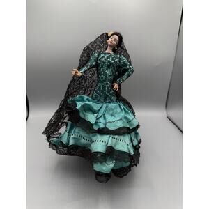 Vintage Spanish Flamenco Dancer Doll 11” Teal & Black Lace Dress Red Heels